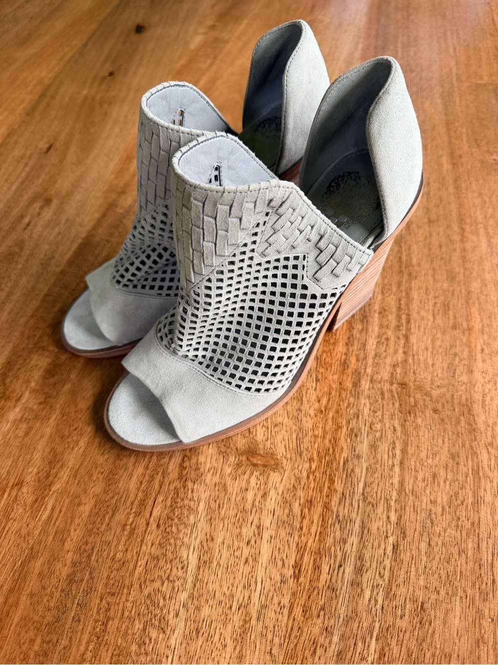 Vince Camuto Light Gray Woven Peep-Toe Heeled Sandals